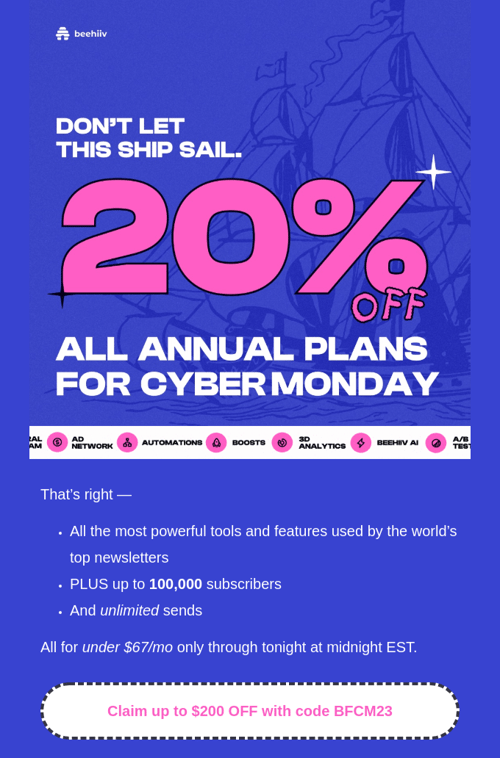 Beehiiv_Cyber monday promo email