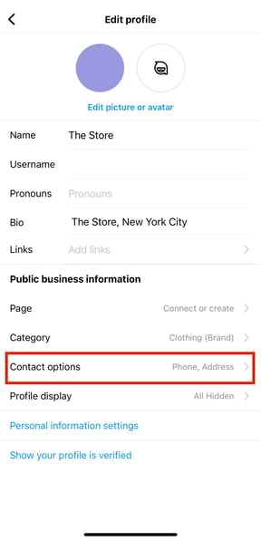 location in instagram bio - open contact options