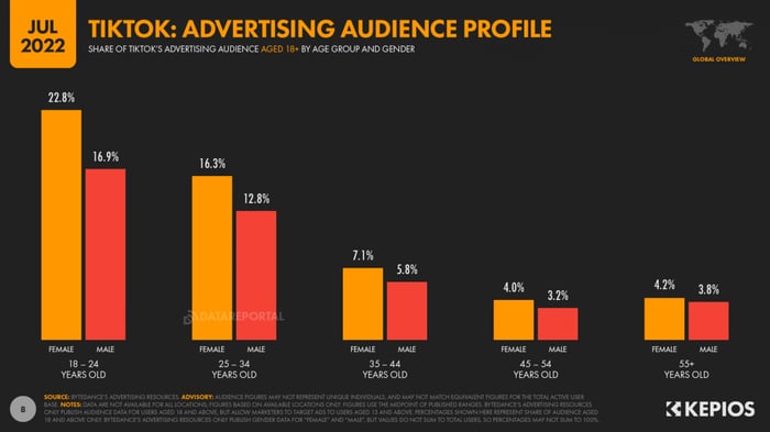 Overview of TikTok's Ad Audience by Age and Gender July 2022 DataReportal, showing a majority of younger, female users