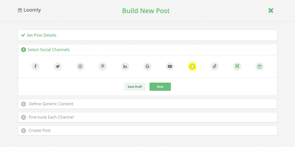 Loomly Snapchat Integration Post Builder Step 2 Select Channel