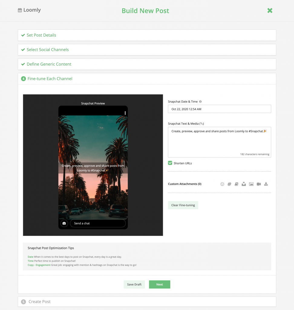 Loomly Snapchat Integration Post Builder Step 4 Fine-Tune Content