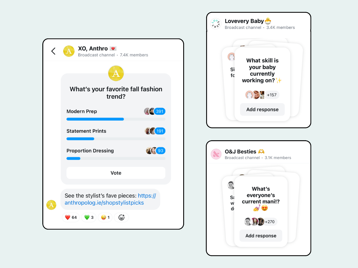 Instagram broadcast channels - Polls and engagement features examples