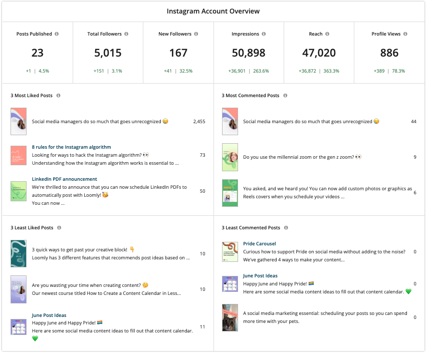 Loomly Analytics Instagram account overview