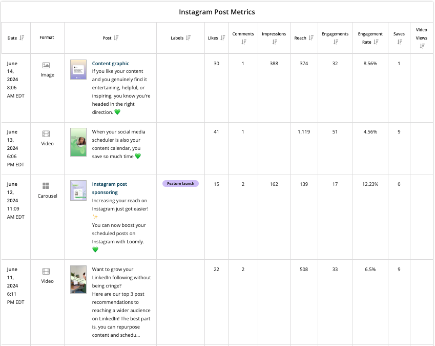 Loomly Analytics Instagram post metrics