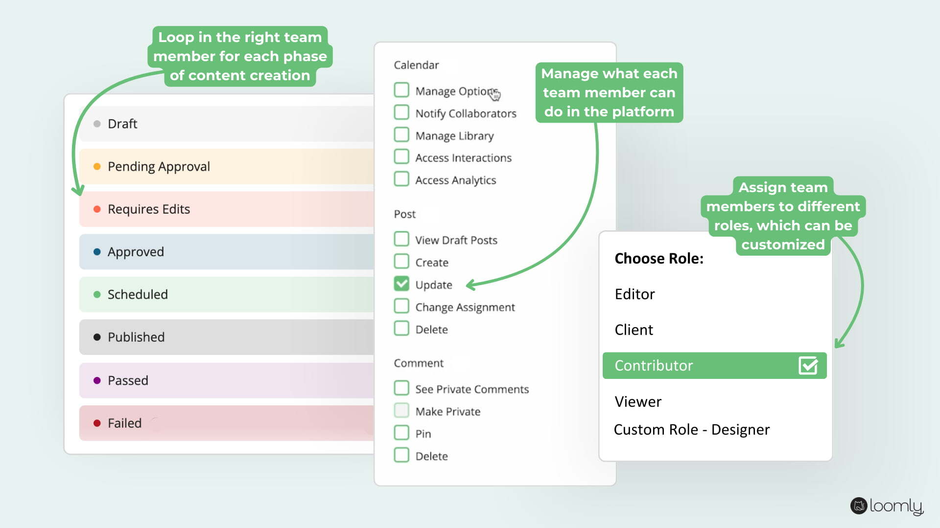 Loomly approval workflow and user roles