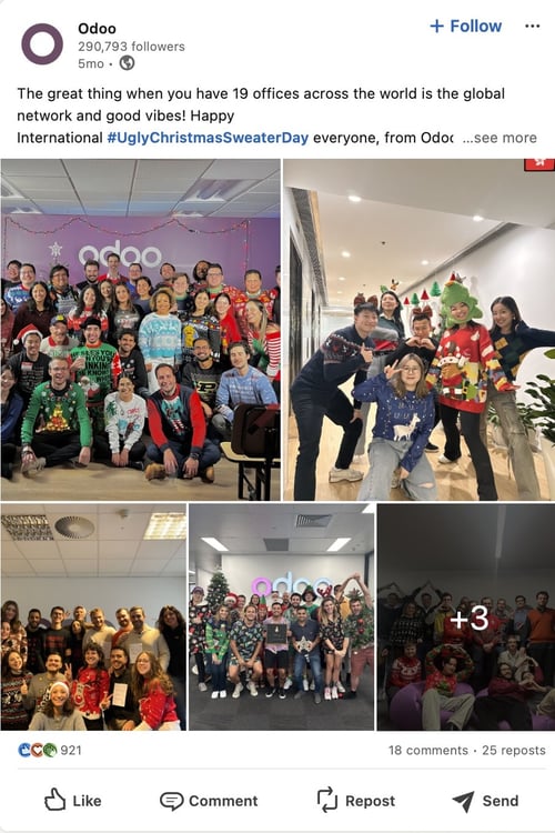 Odoo LinkedIn post for Ugly Christmas Sweater Day