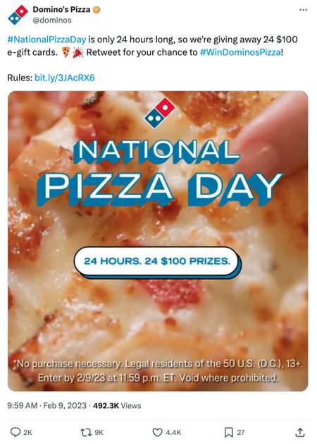 Dominos Twitter post for National Pizza Day