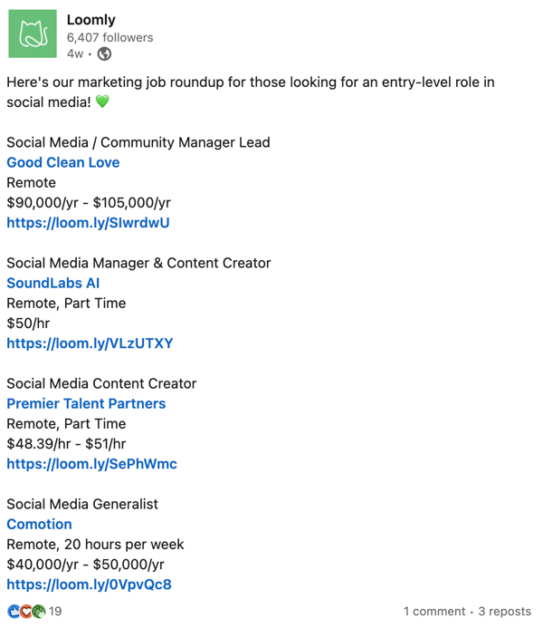 Loomly entry level job roundups on LinkedIn