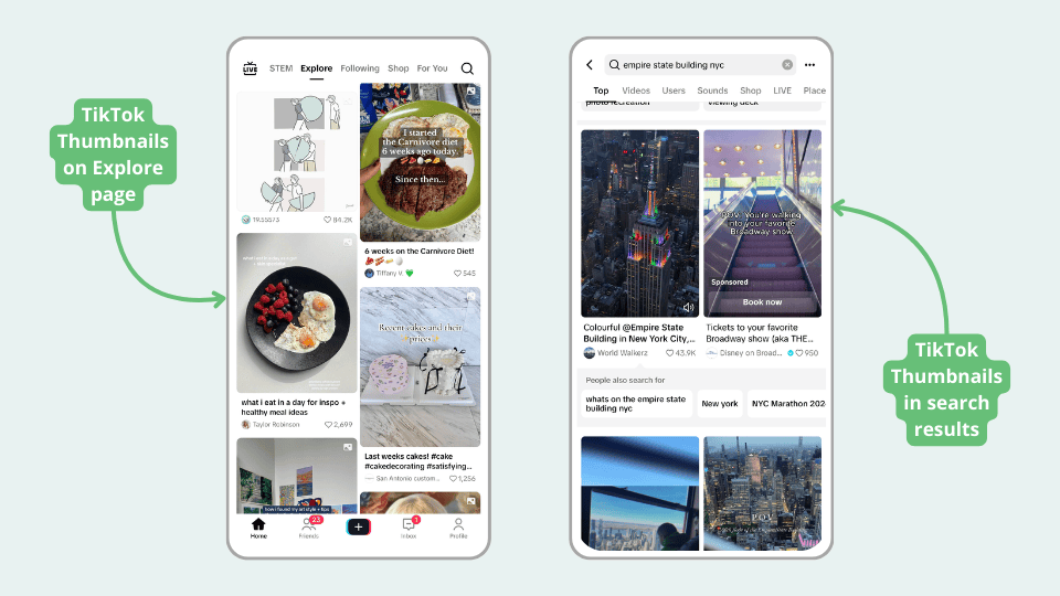 TikTok thumbnails appear in the Explore page, search, and profile pages