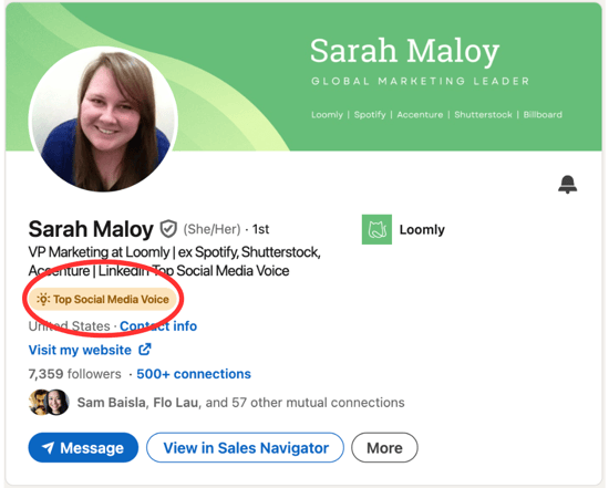 Example of a LinkedIn Community Top Voice user 