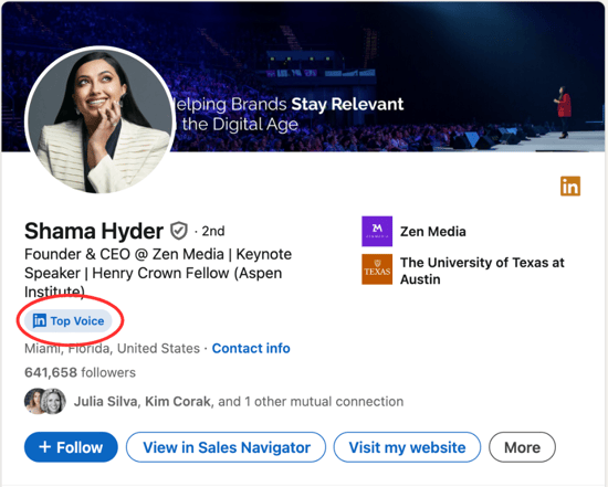Example of a LinkedIn Top Voice user