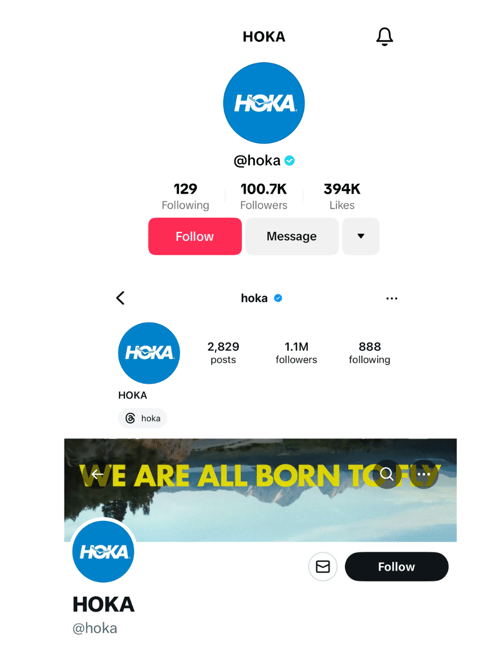 Hoka uses the same username across platforms - handles and brand consistency