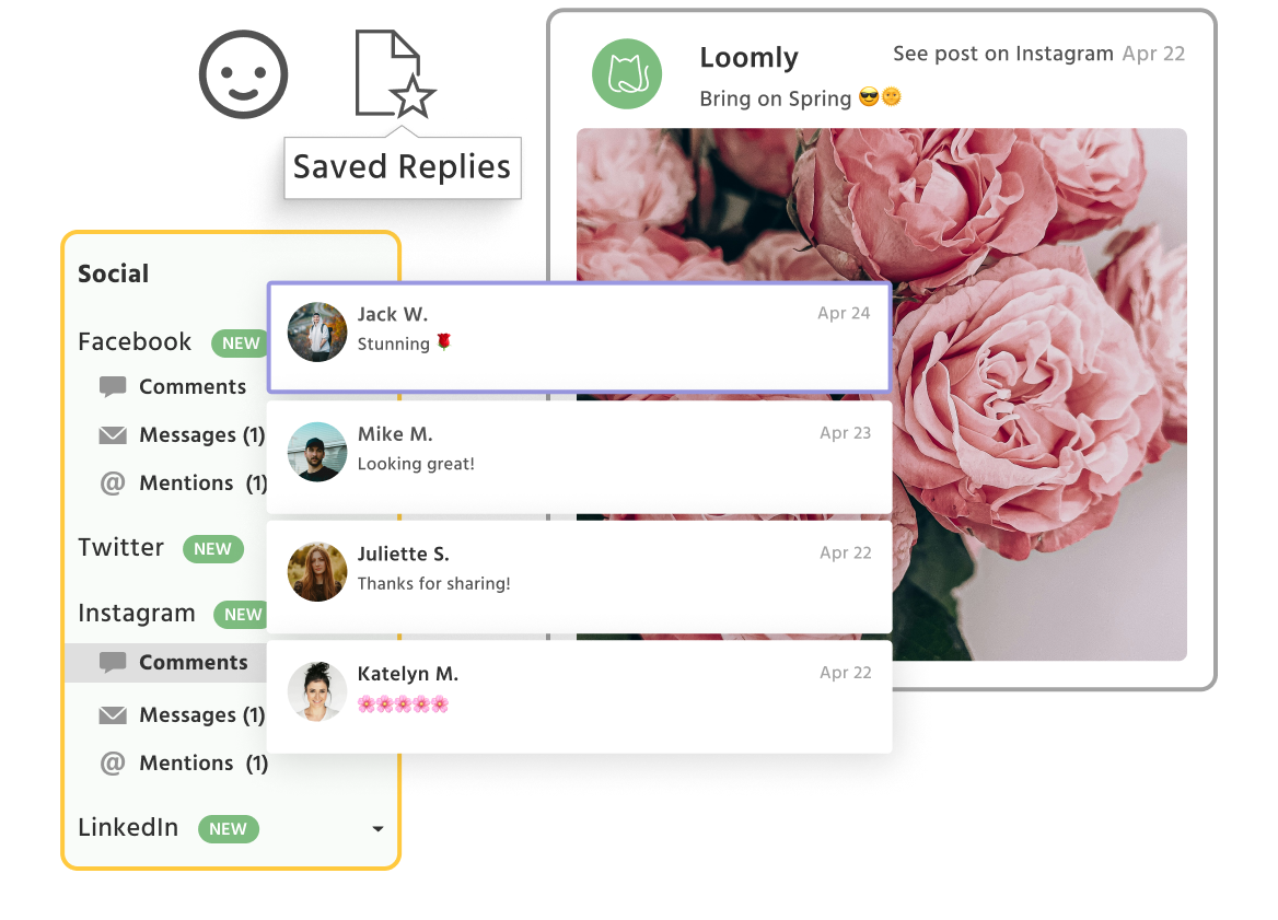 Loomly interactions dashboard displaying social channels like Facebook, Twitter, Instagram, and LinkedIn with audience comments